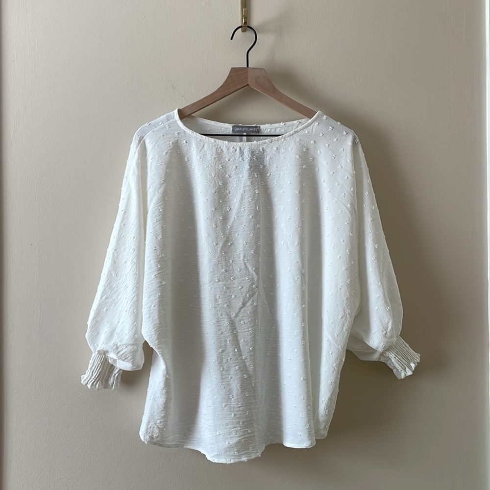 CHARLOTTE AVERY Swiss Dot Smocked Sleeve Batwing Blouse in White Size M NWT